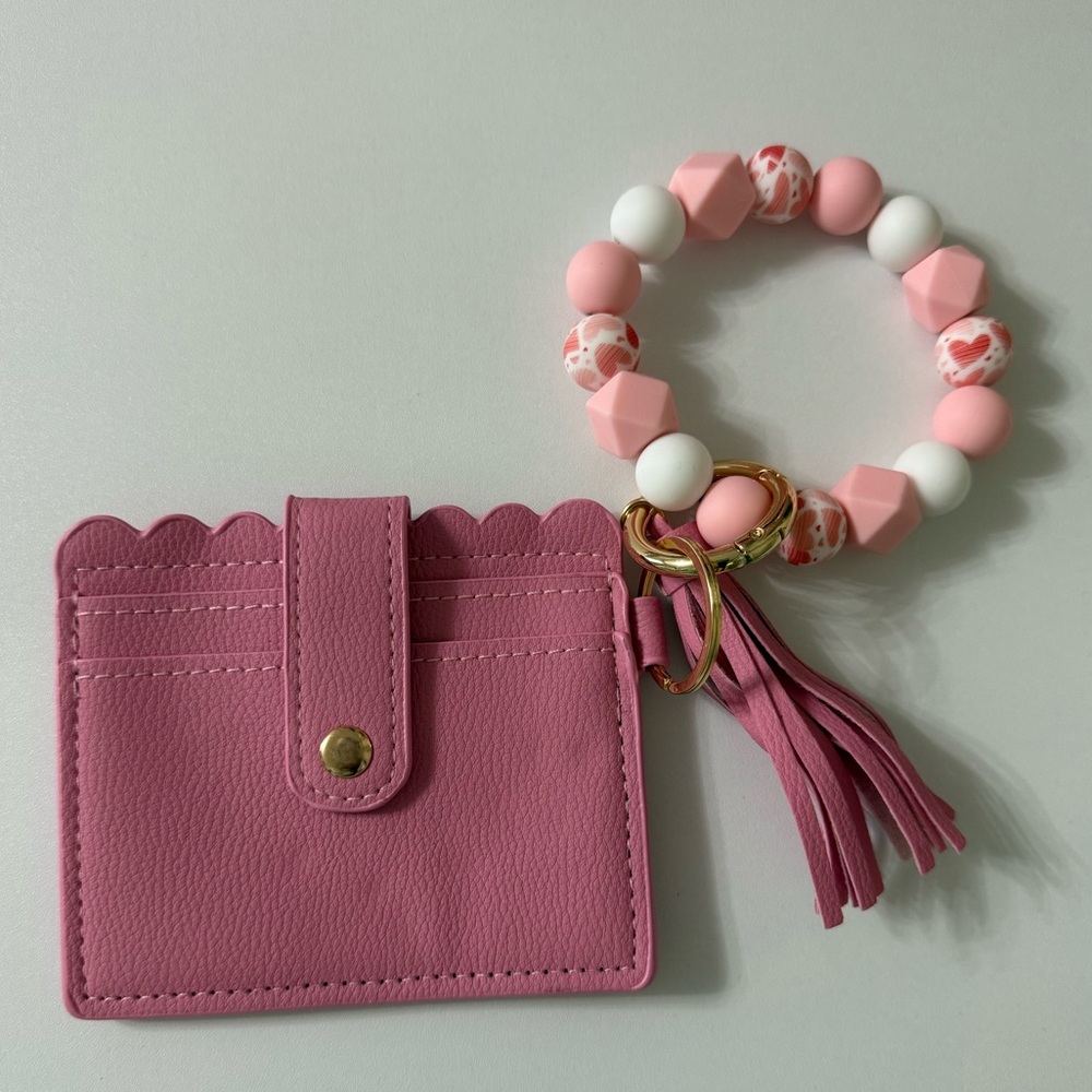 Pink Card Holder with Beaded Bracelet Wristlet
